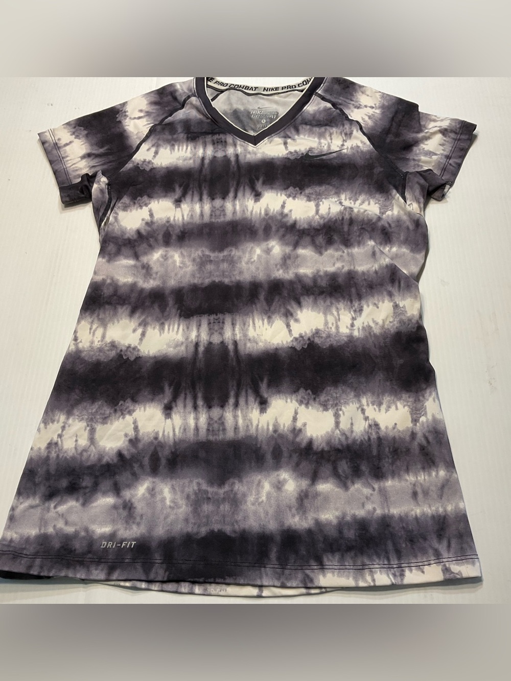 Nike Pro Combat Dri Fit Shirt Women Sz S Black White Tie Dye V Neck Fitted